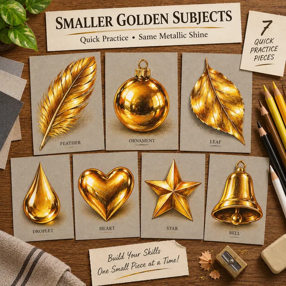 Smaller Golden Subjects: a feather, ornament, leaf, droplet, heart, star, and bell drawn with the same golden metallic technique