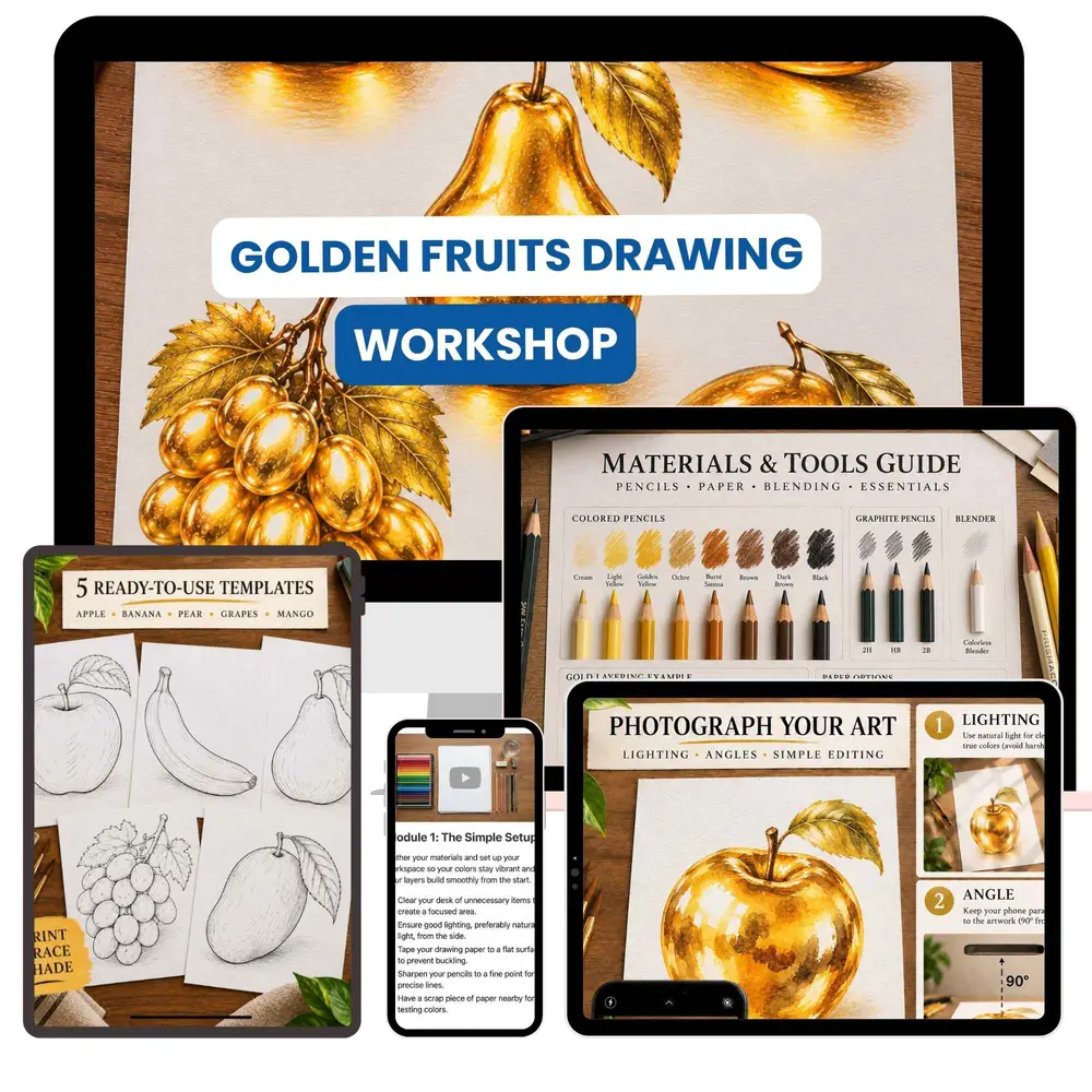 The Golden Fruits Drawing Workshop shown across desktop, tablet, and phone