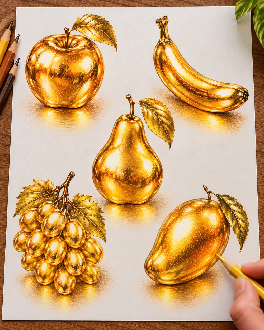 Finished golden apple, banana, pear, grapes, and mango drawn with colored pencils
